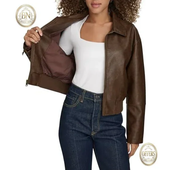 Faux Leather Bomber Jacket with Laydown Collar and Adjustable Cuffs